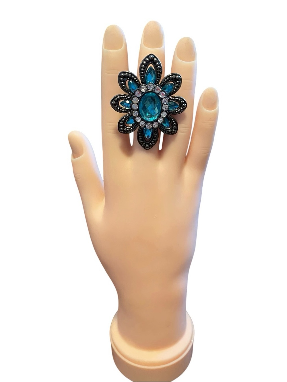 Vintage Oversized Aqua Blue Rhinestone Flower Statement Cocktail Ring Size 7-8